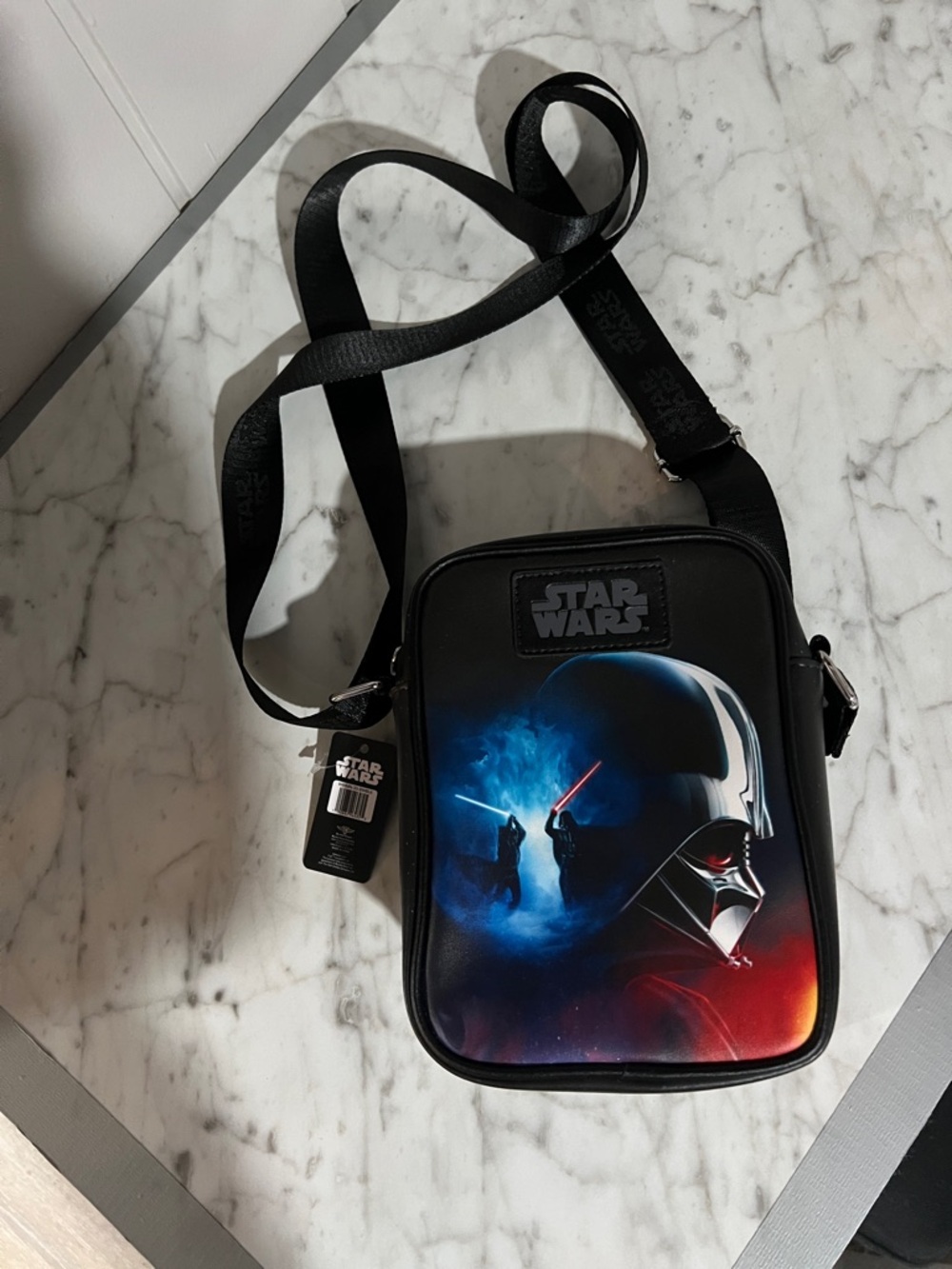 Star Wars Black Messenger Bag with Blue and Red Lightsaber Artwork
